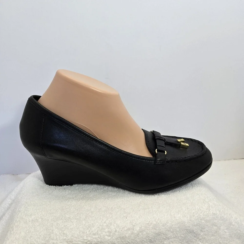 Lauren Ralph Lauren Rory Black  Leather Tassel Loafer Wedge Heels Women 9.5 B